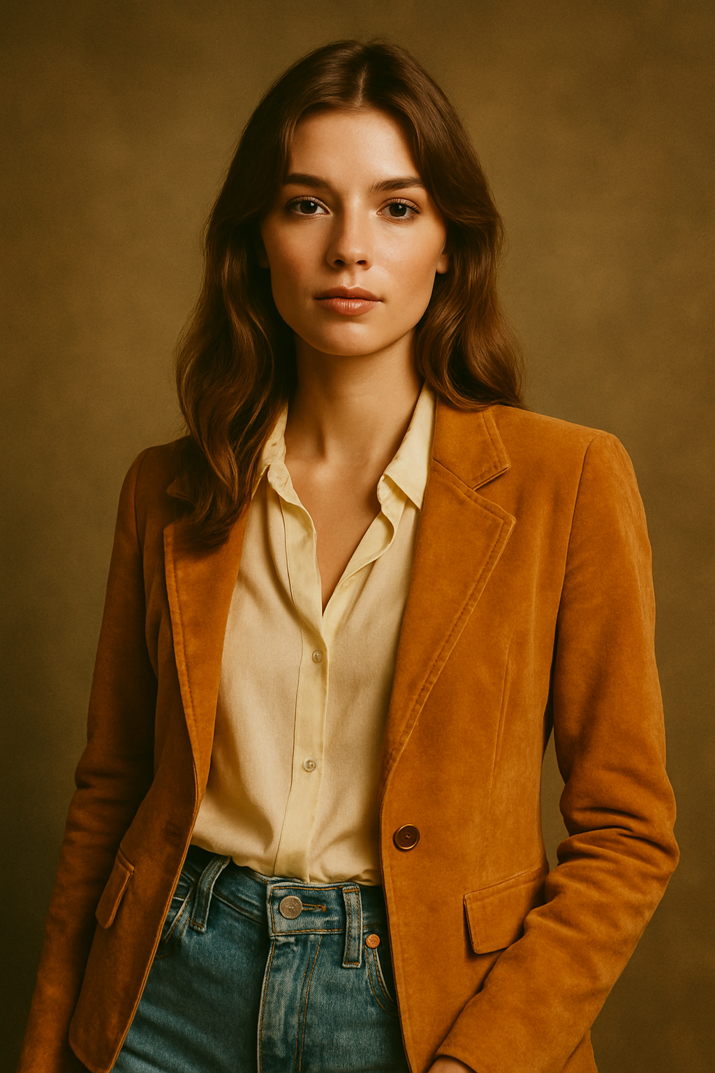 Studio portrait of a retro-styled model in a mustard blazer and high-waisted denim, shot with warm film lighting
