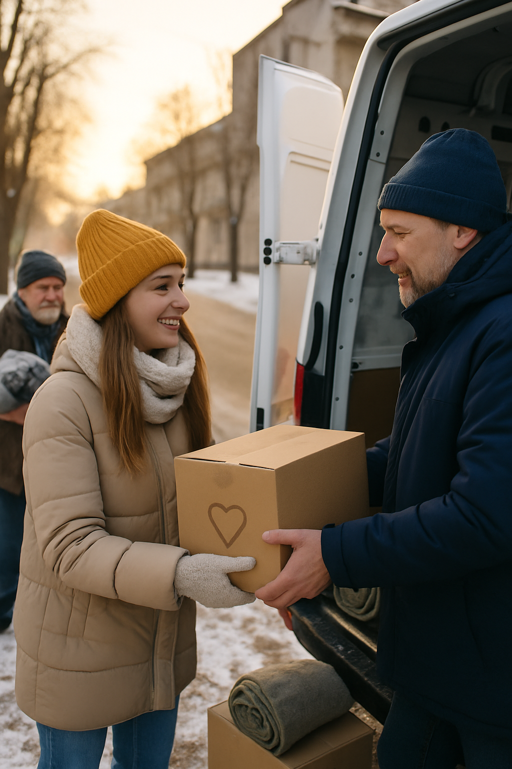 Volunteers in winter coats loading boxes of blankets and warm clothing into a delivery van on a snowy morning