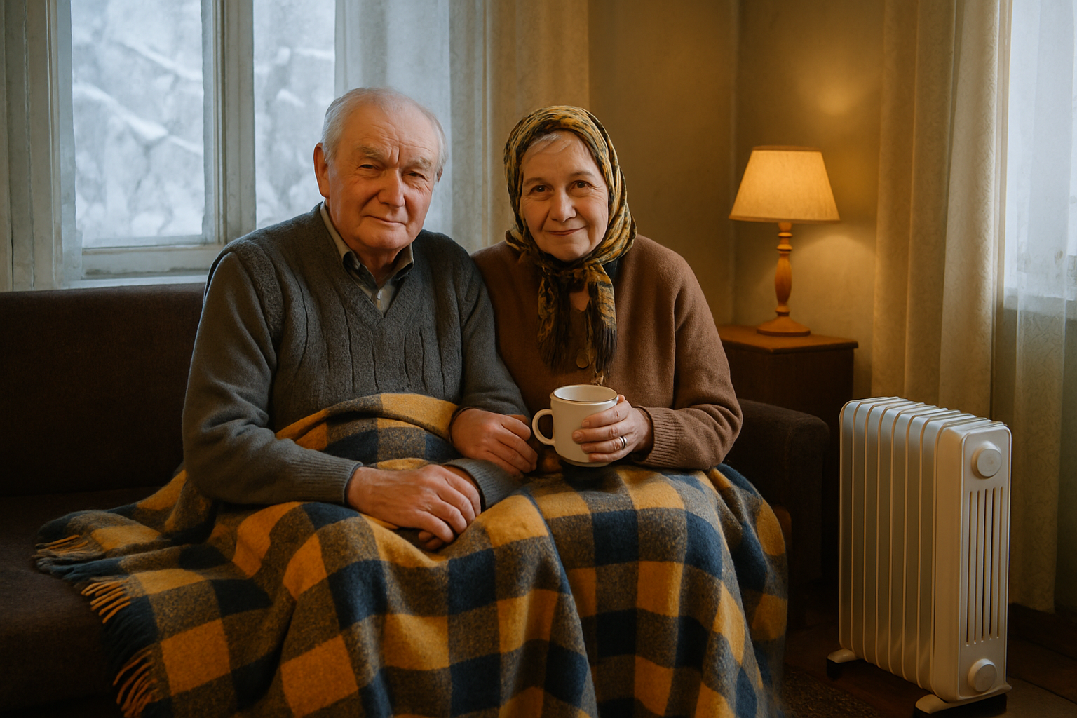 An elderly couple sitting at home beside a donated electric heater, wrapped in warm donated blankets