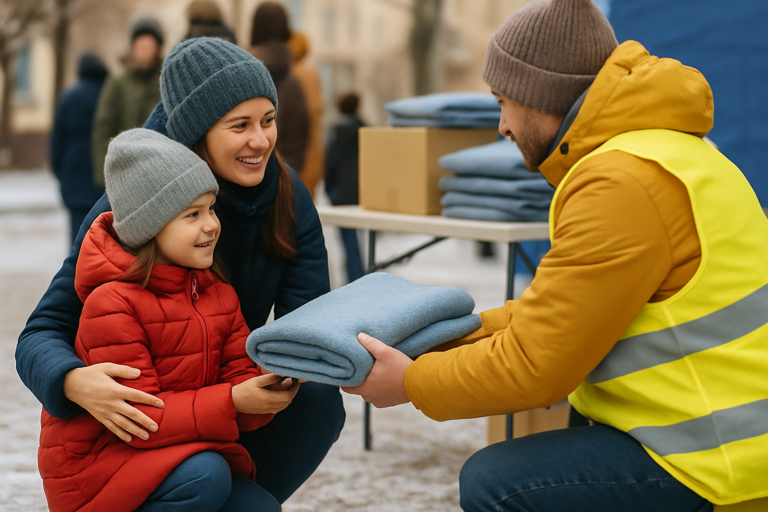 A mother and her young daughter receiving warm winter blankets from a volunteer at a snowy community pickup point