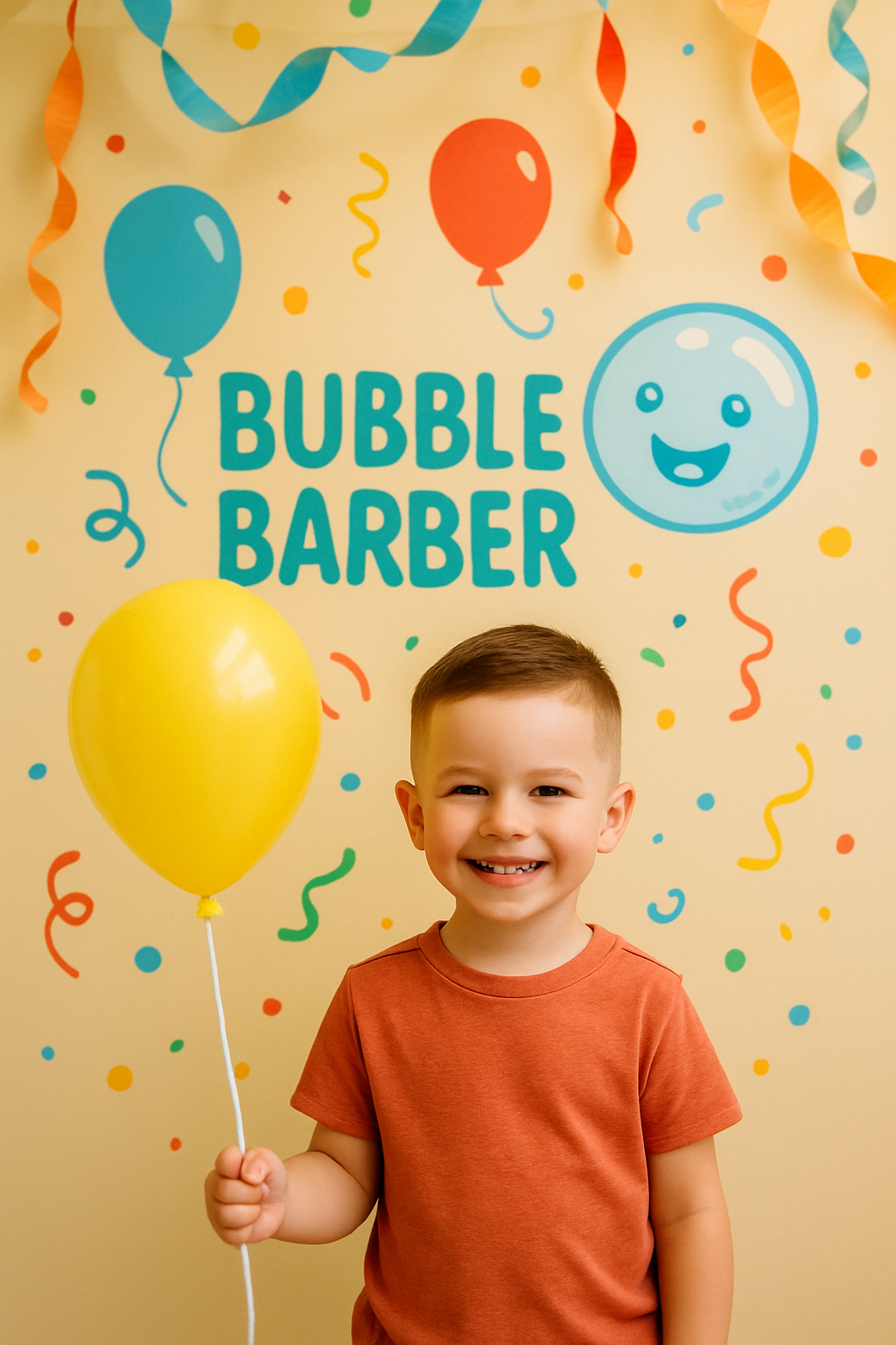 Child holding a balloon with a fresh haircut, smiling under celebratory decorations at Bubble barber