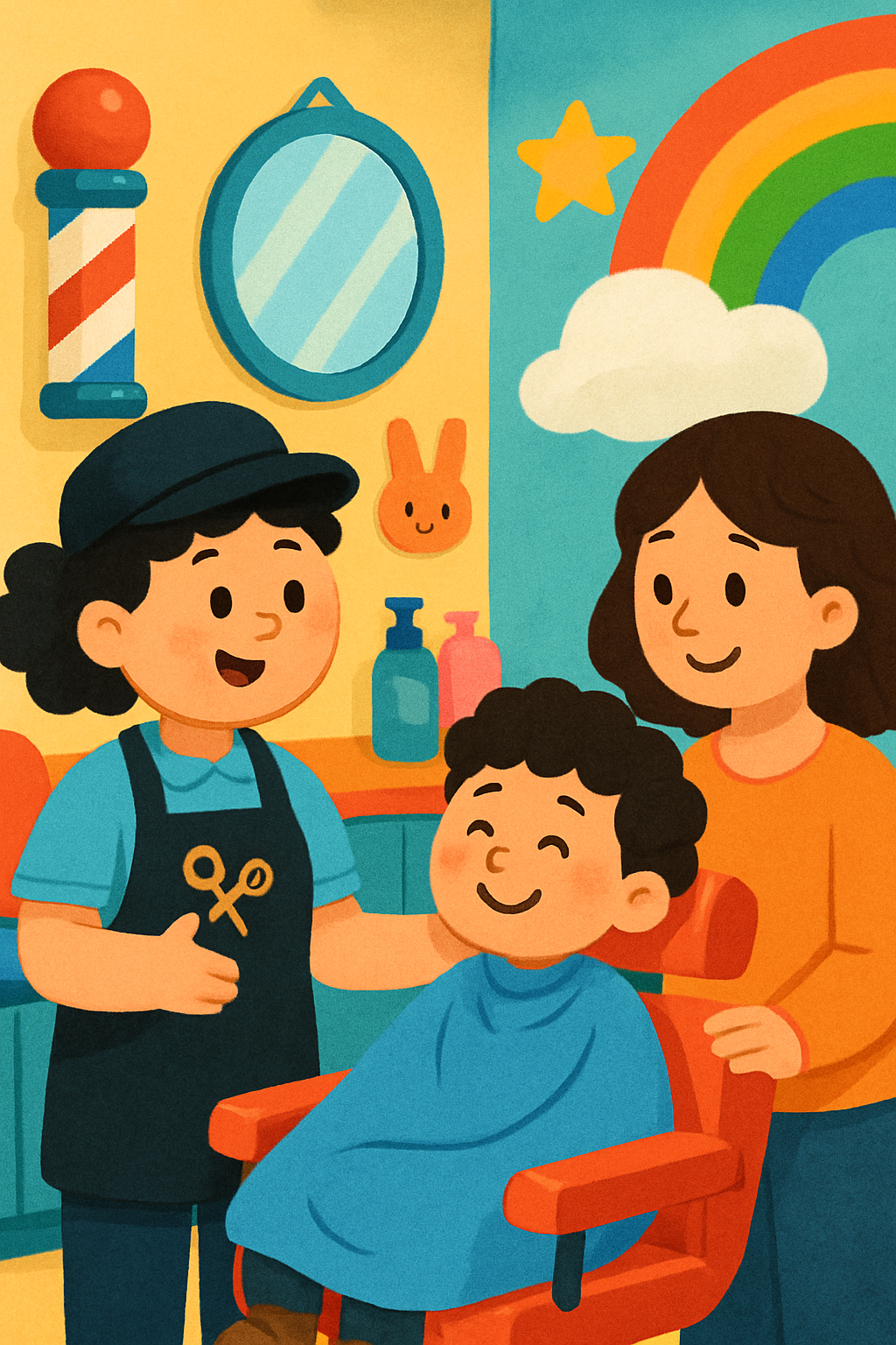 A friendly stylist chatting with a parent and child at a colorful barber station, creating a welcoming vibe