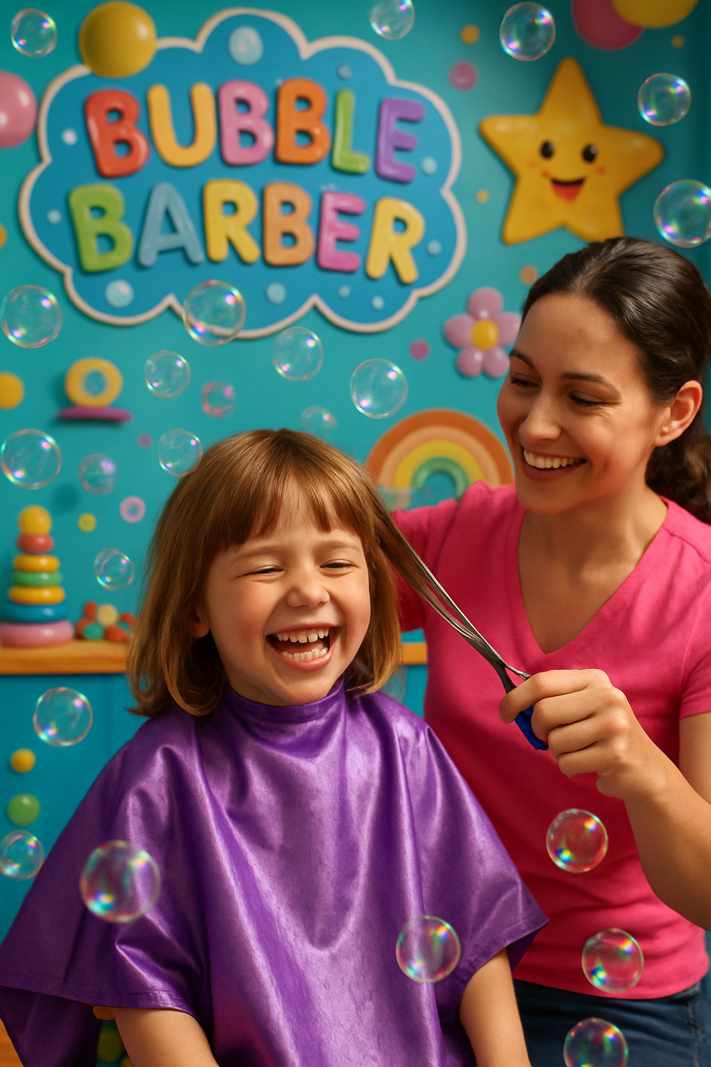 Little girl giggling as bubbles float around her during her haircut