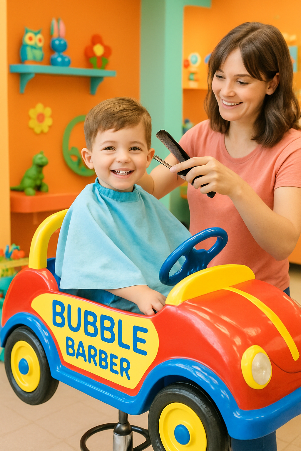 Smiling young boy getting a haircut in a colorful barber chair, surrounded by playful decor