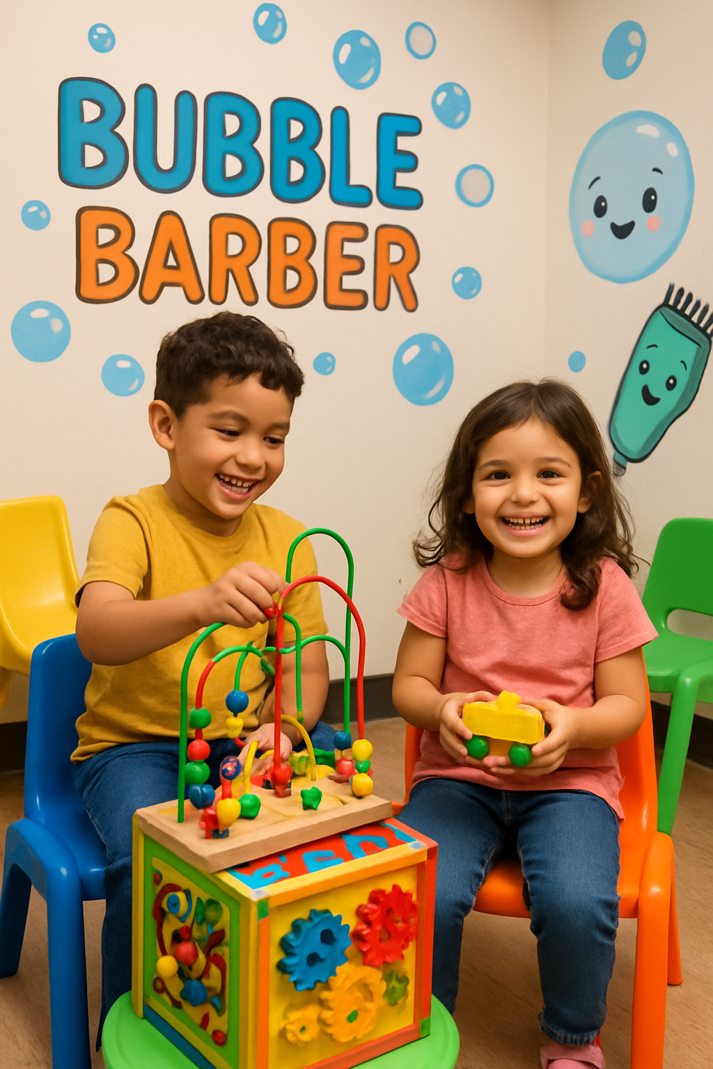 Two siblings smiling and playing with toys while waiting for their turn at Bubble barber