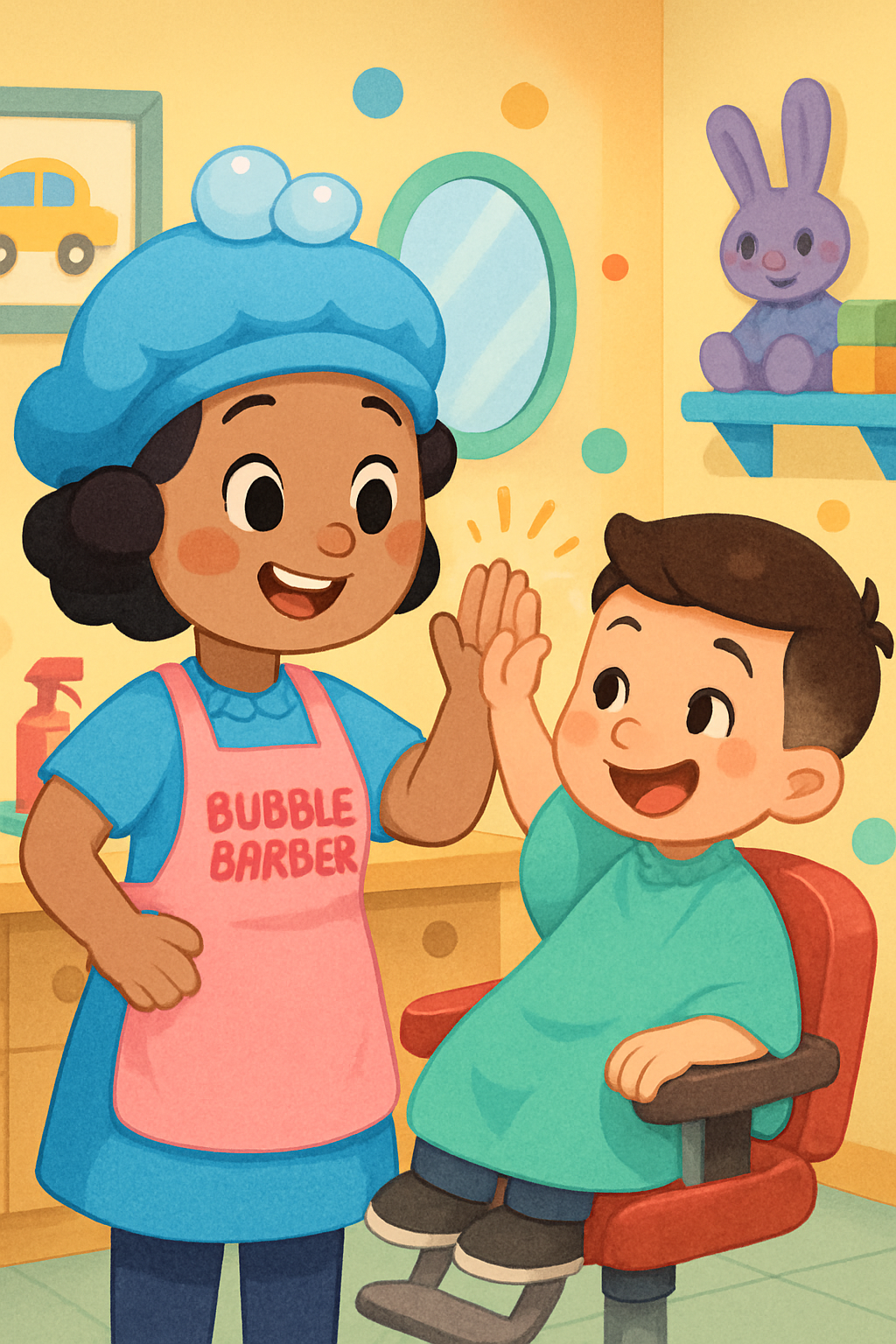 Bubble barber stylist giving a high five to a cheerful child after a haircut