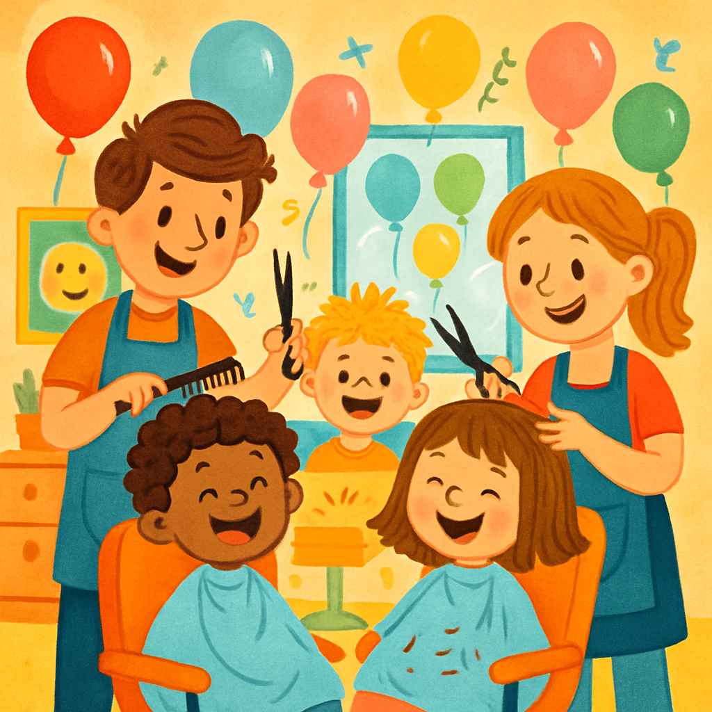 Playful illustration of happy children at Bubble barber salon, bright and cheerful colors, fun and whimsical style
