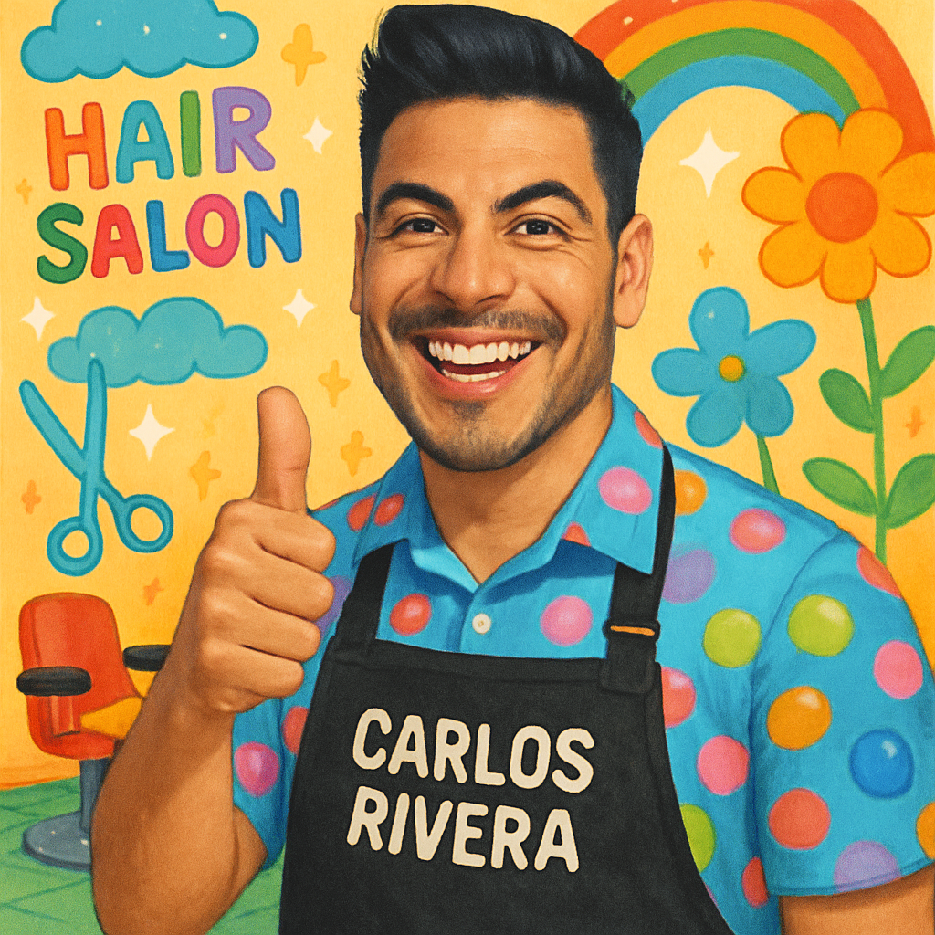 Carlos Rivera, wearing a bubble-patterned shirt and giving a playful thumbs up