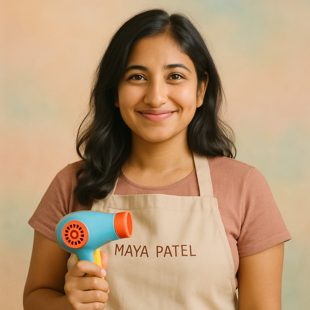 Maya Patel, holding a toy hairdryer and flashing a warm, gentle smile