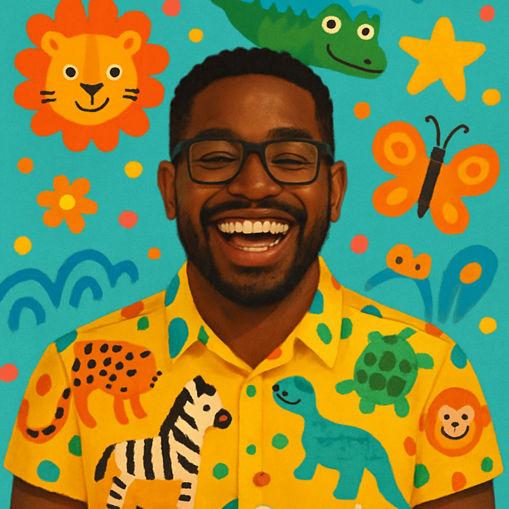 Oliver Brooks, wearing a fun animal-print shirt and beaming cheerfully