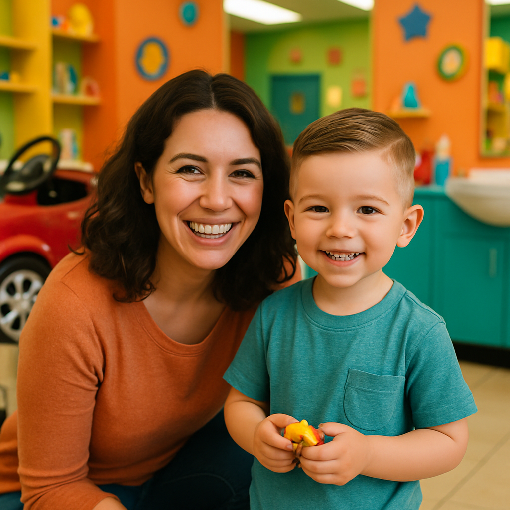 Smiling mother with young son after haircut at Bubble barber