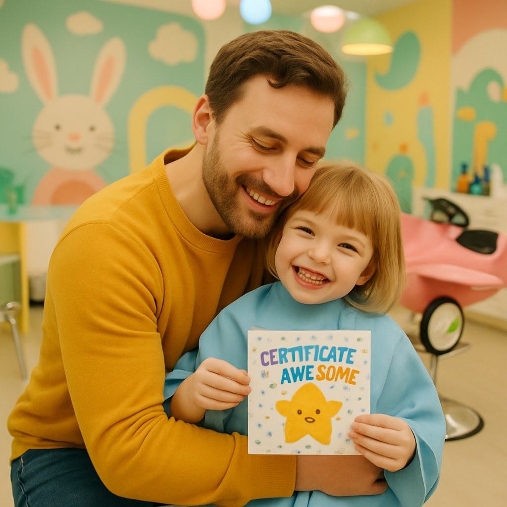 Father hugging daughter after cheerful haircut experience