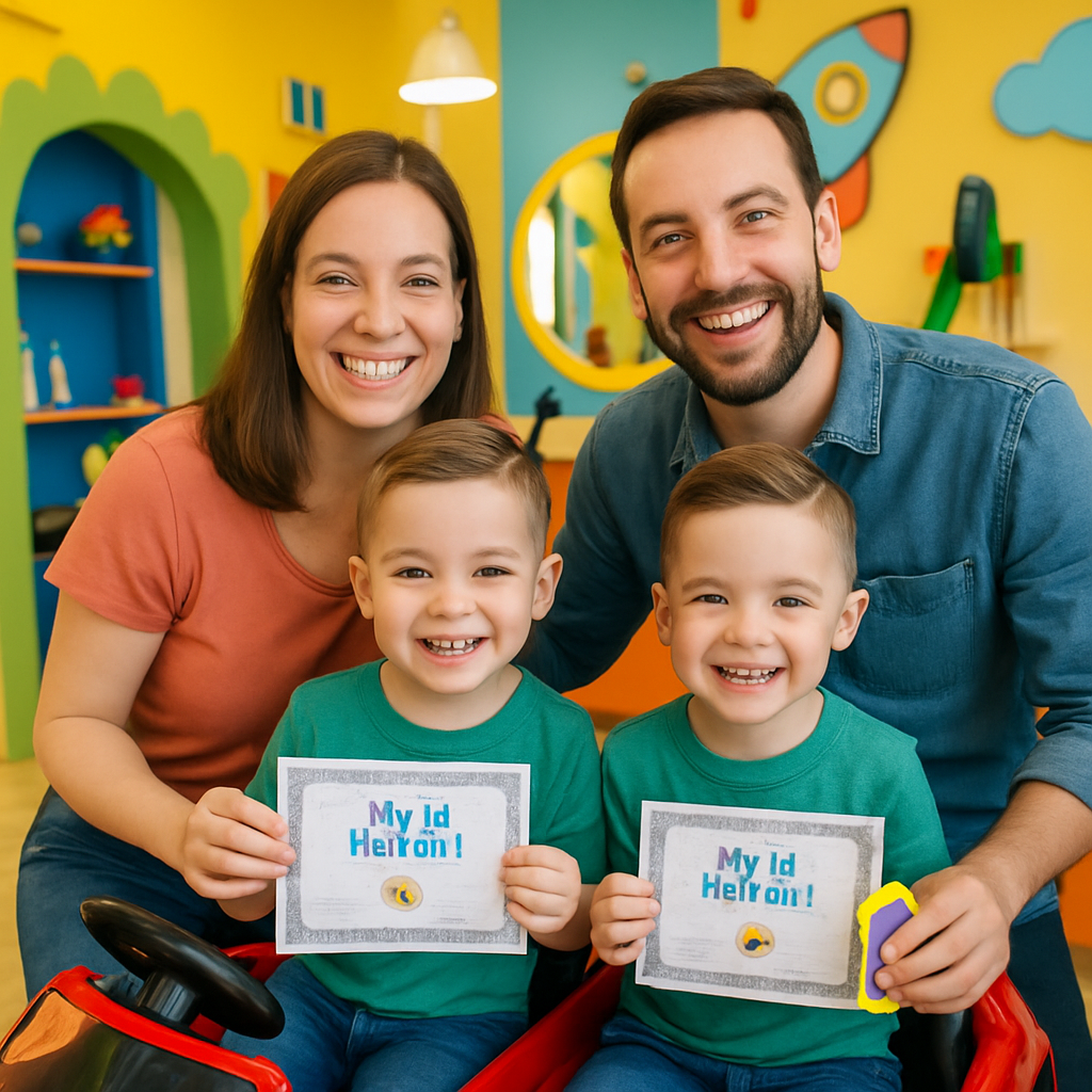 Happy couple with twin boys showing off fresh haircuts