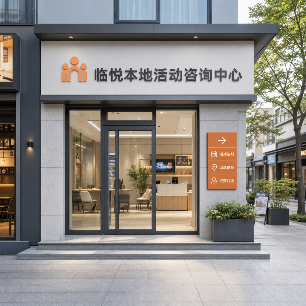林悦本地活动顾问中心缩略图，浅灰色招牌与橙色导视牌