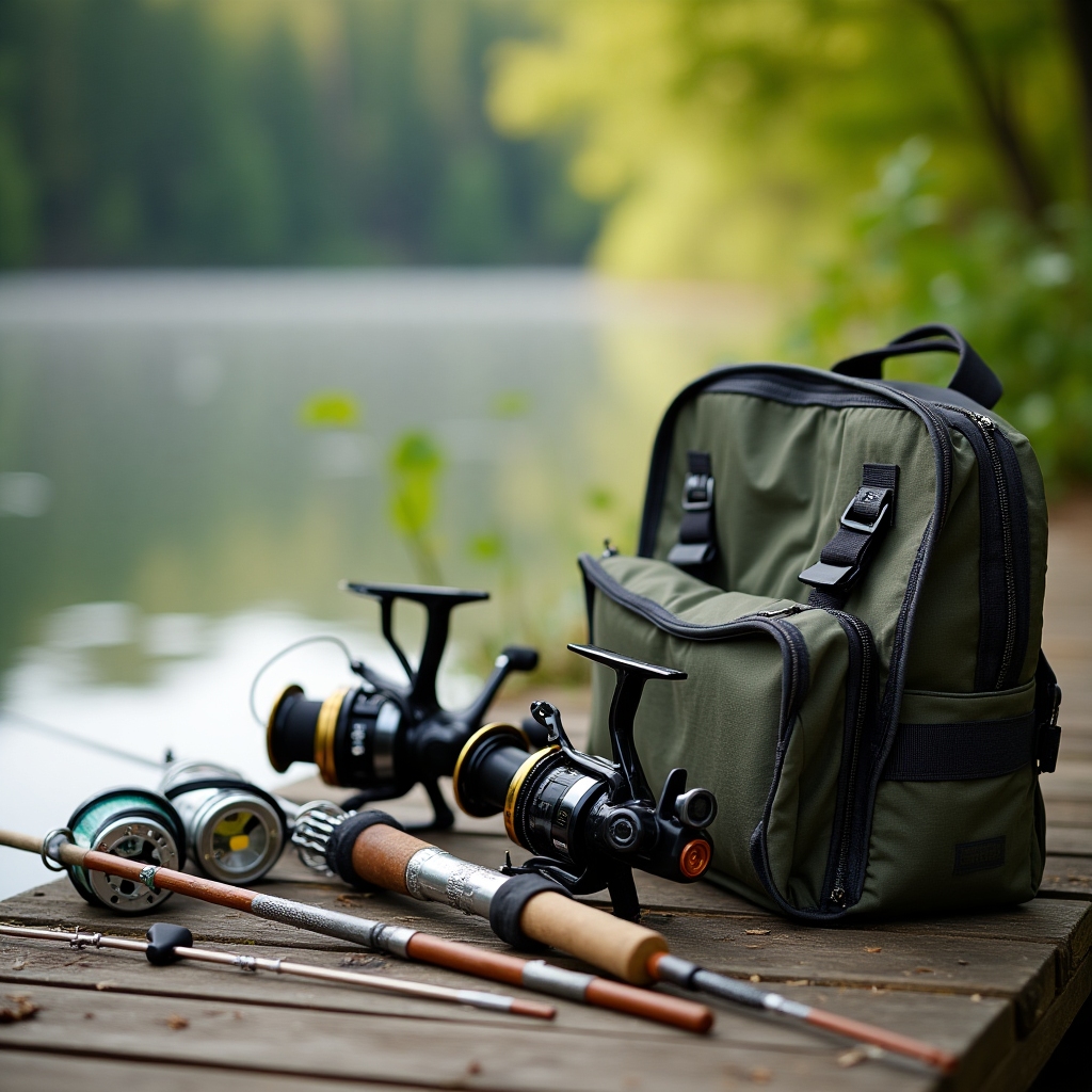 Fishing gear, rods, and tackle displayed outdoors