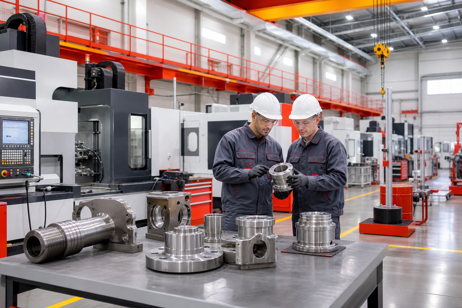 Bright industrial fabrication bay with precision machining equipment, red and orange safety accents, and engineers inspecting custom petroleum components