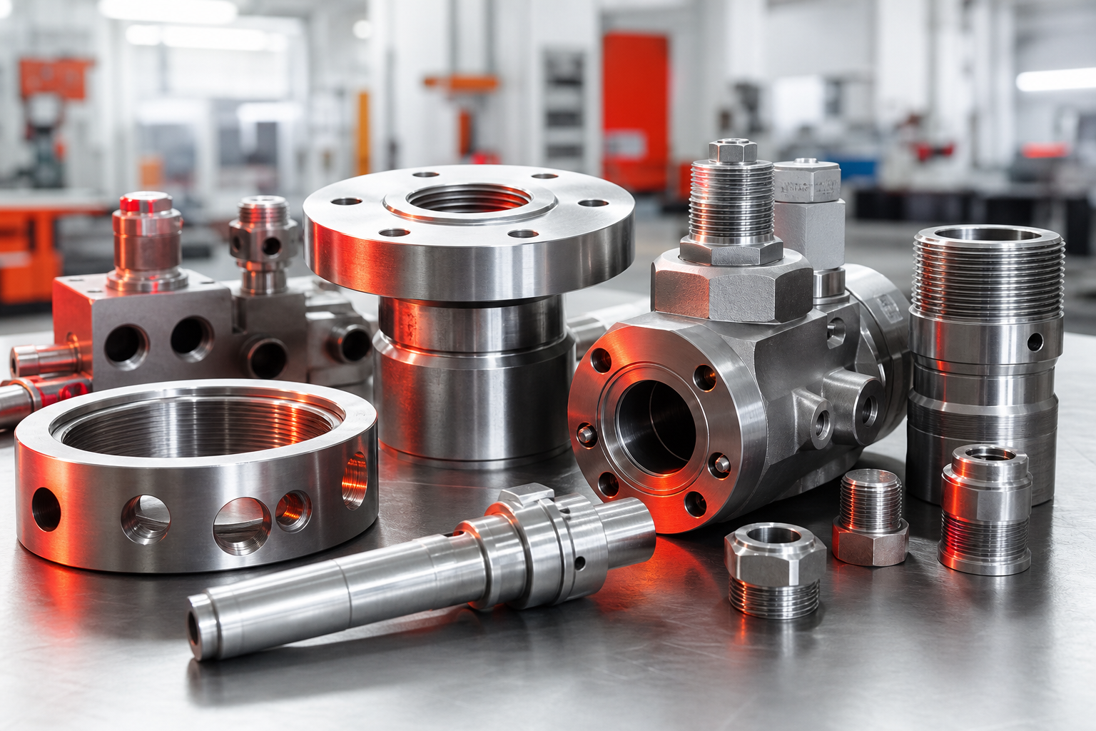Precision-machined steel petroleum components arranged on a clean workbench with subtle red accent lighting