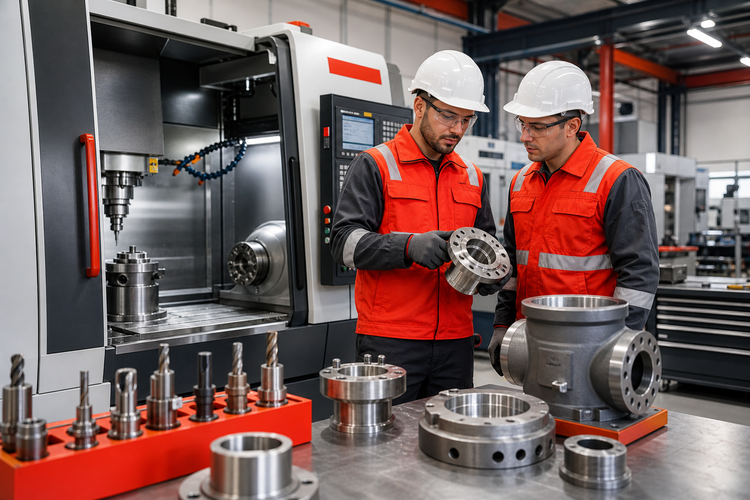Precision industrial fabrication scene with technicians and machining equipment