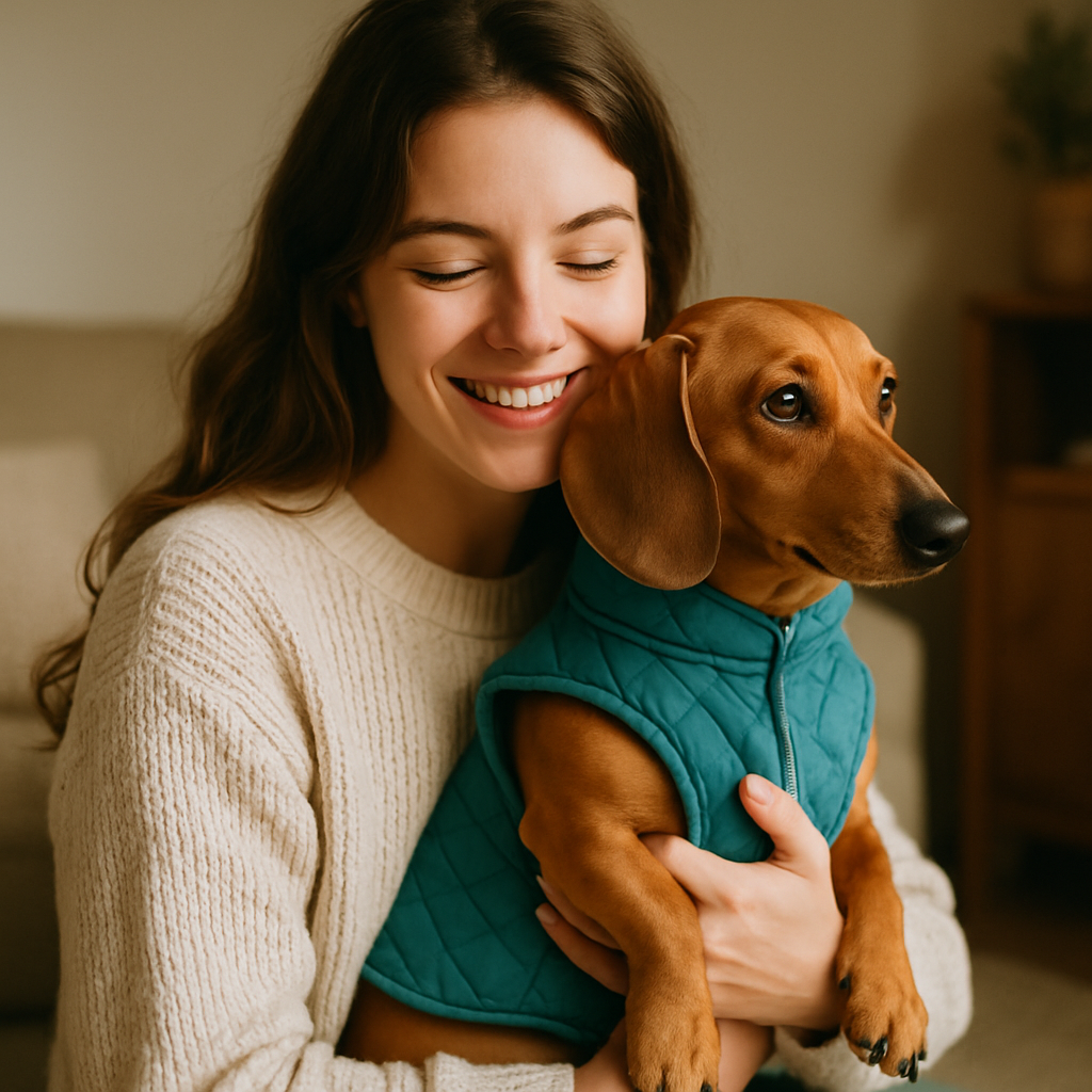 Young woman in a light oatmeal sweater holding a tan dachshund wearing a teal quilted vest