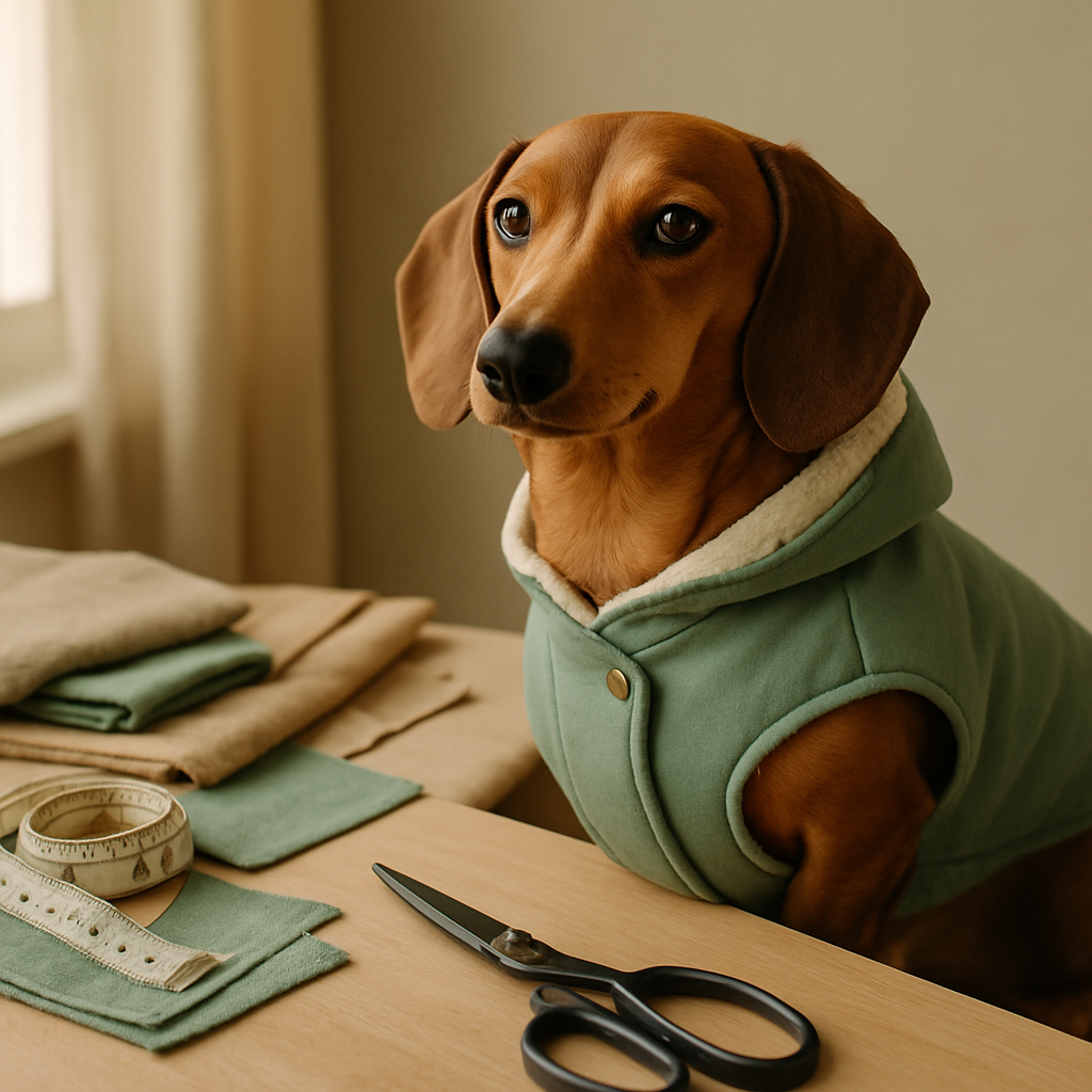 Warm tan dachshund wearing a handmade sage green dog jacket with a soft lining, sitting beside a sewing table with fabric swatches