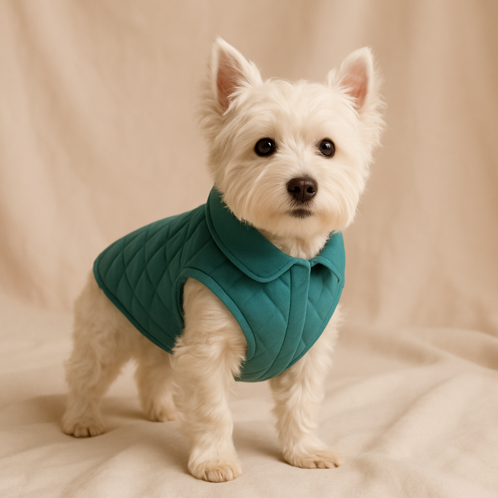 small white terrier wearing a teal quilted vest with a stitched collar, standing on a light fabric backdrop