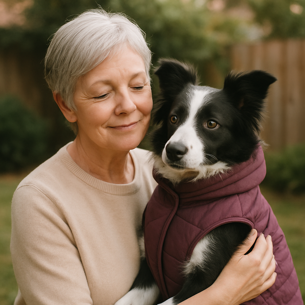 Older woman with short silver hair holding a black and white border collie wearing a plum winter jacket