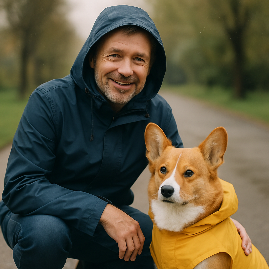 Middle-aged man in a navy rain jacket crouching beside a red corgi wearing a sunflower-yellow raincoat