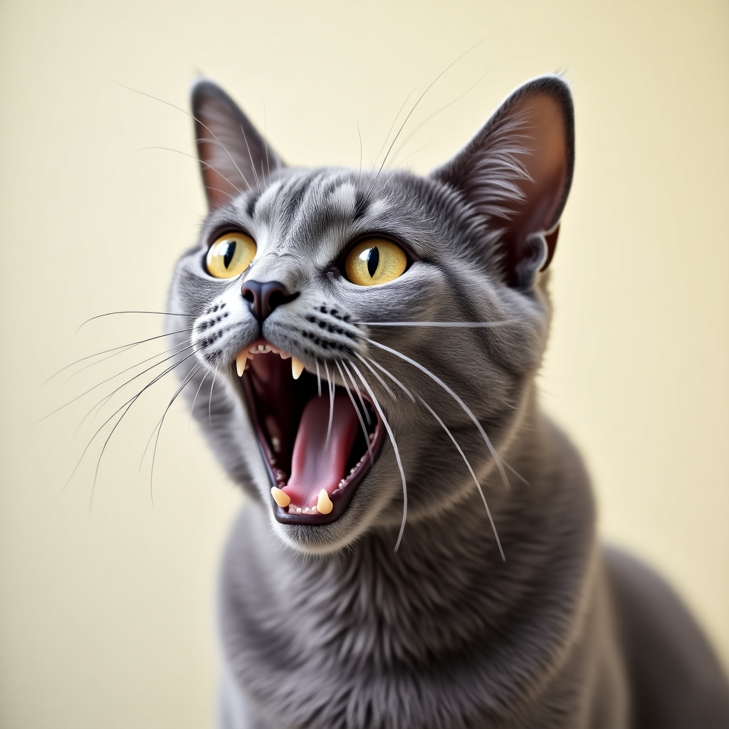 Grey cat with a dramatic sigh expression