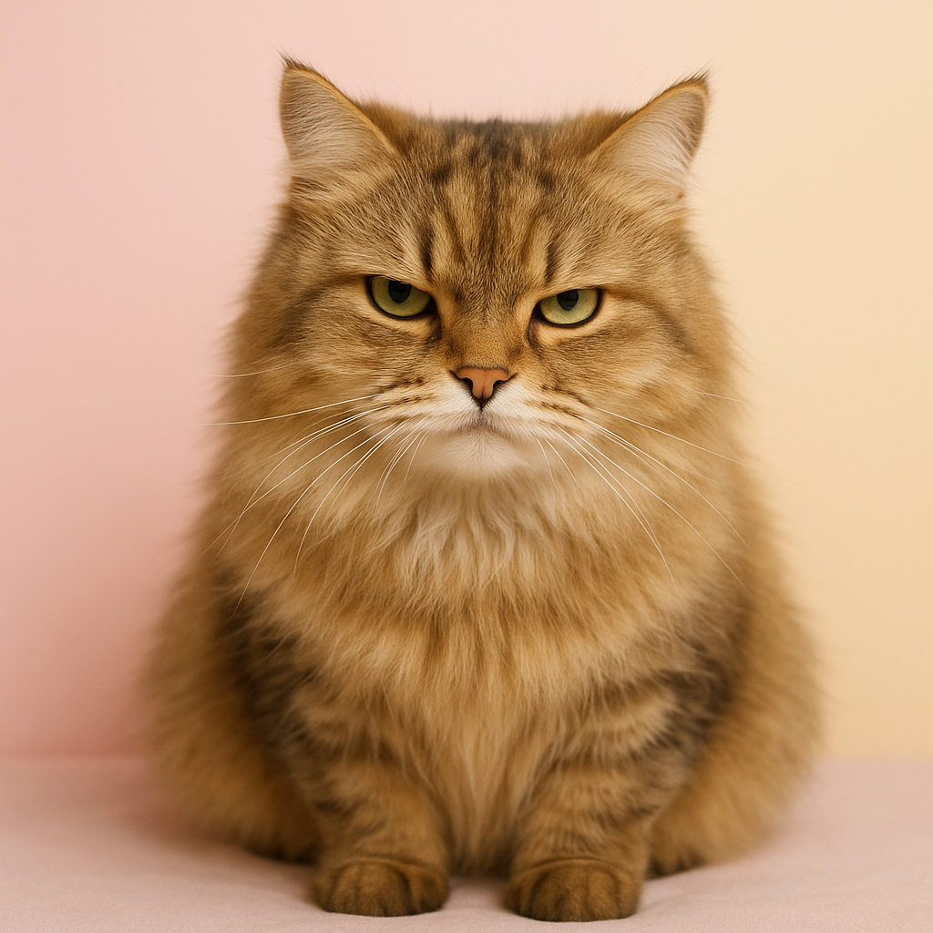 A judgmental cat staring disapprovingly, looking straight at the camera with a raised eyebrow and fluffy fur, on a pastel background