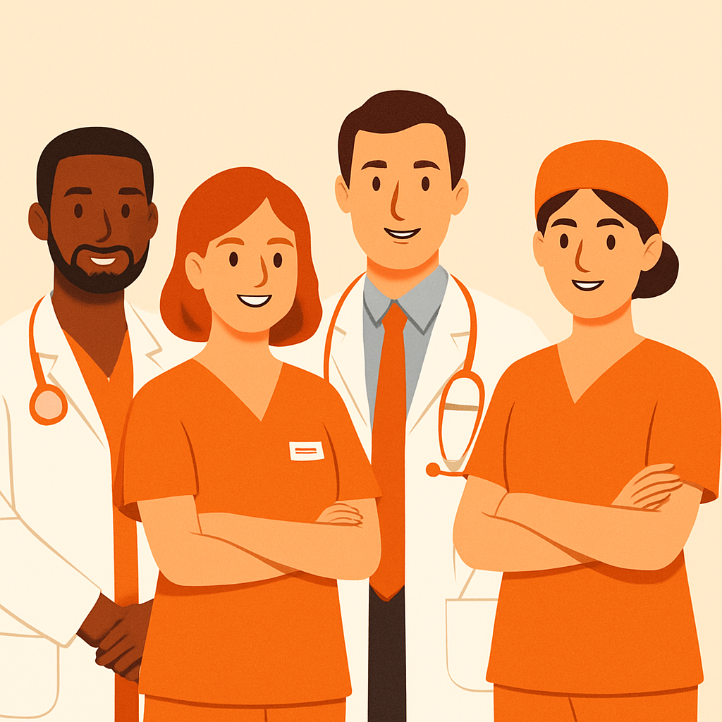 Ilustração moderna de equipe médica acolhedora, médicos e enfermeiros sorrindo, transmitindo confiança e profissionalismo, estilo flat e cores brand orange