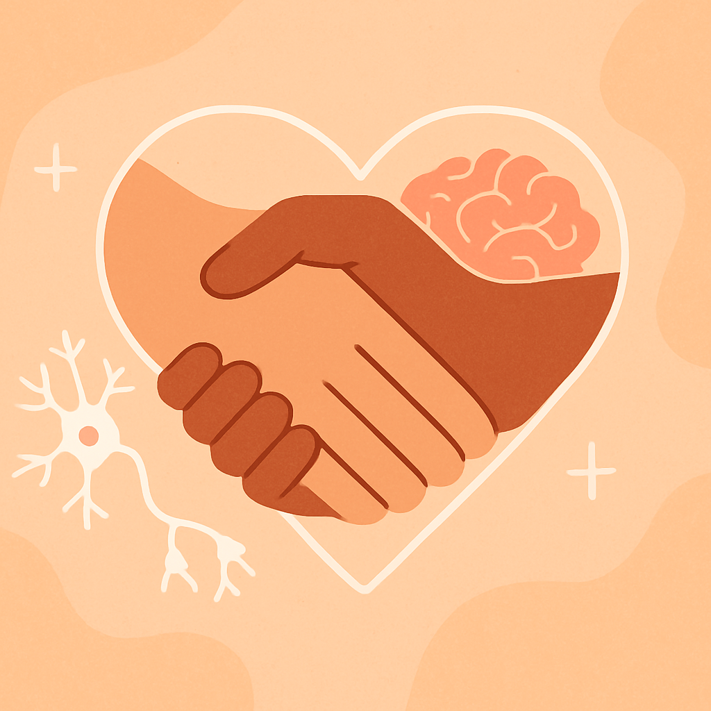 Ilustração moderna simbolizando atendimento humanizado, mãos entrelaçadas formando um coração com símbolos de neurologia, fundo suave com tons da marca laranja