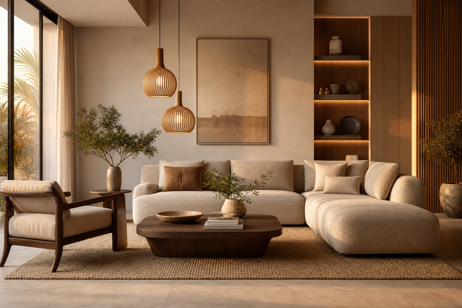 Sala de estar premium con sofá modular beige, mesa de centro de madera oscura y luminarias cálidas en un entorno moderno