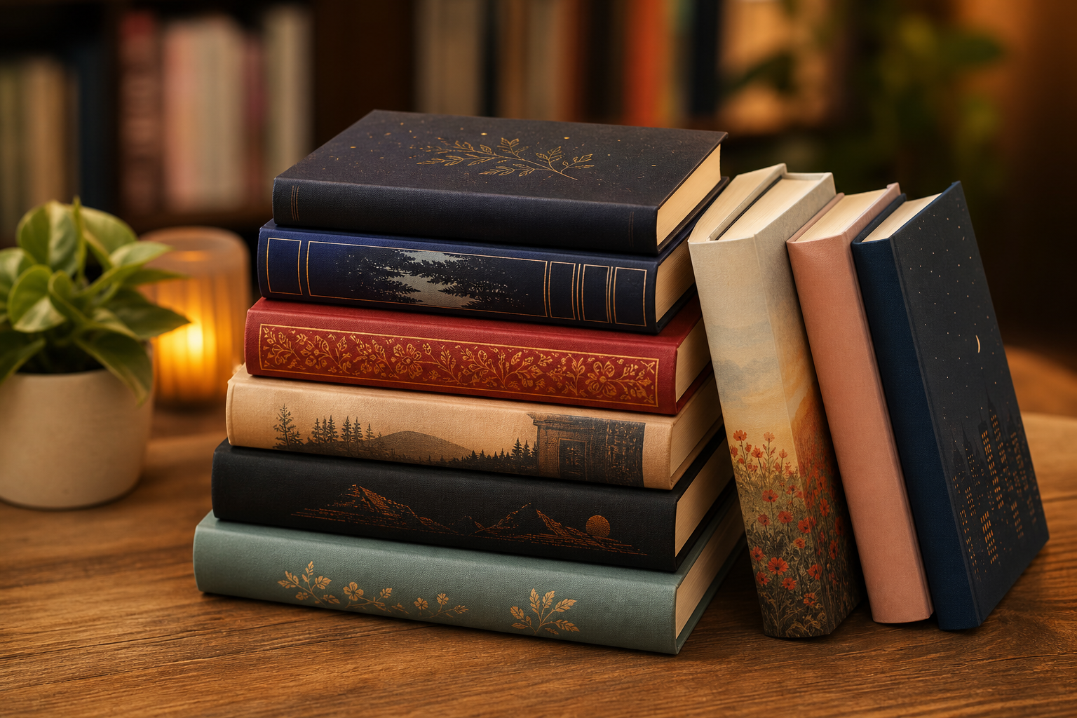 A cozy stack of hardback and paperback fiction books with warm lighting on a wooden table
