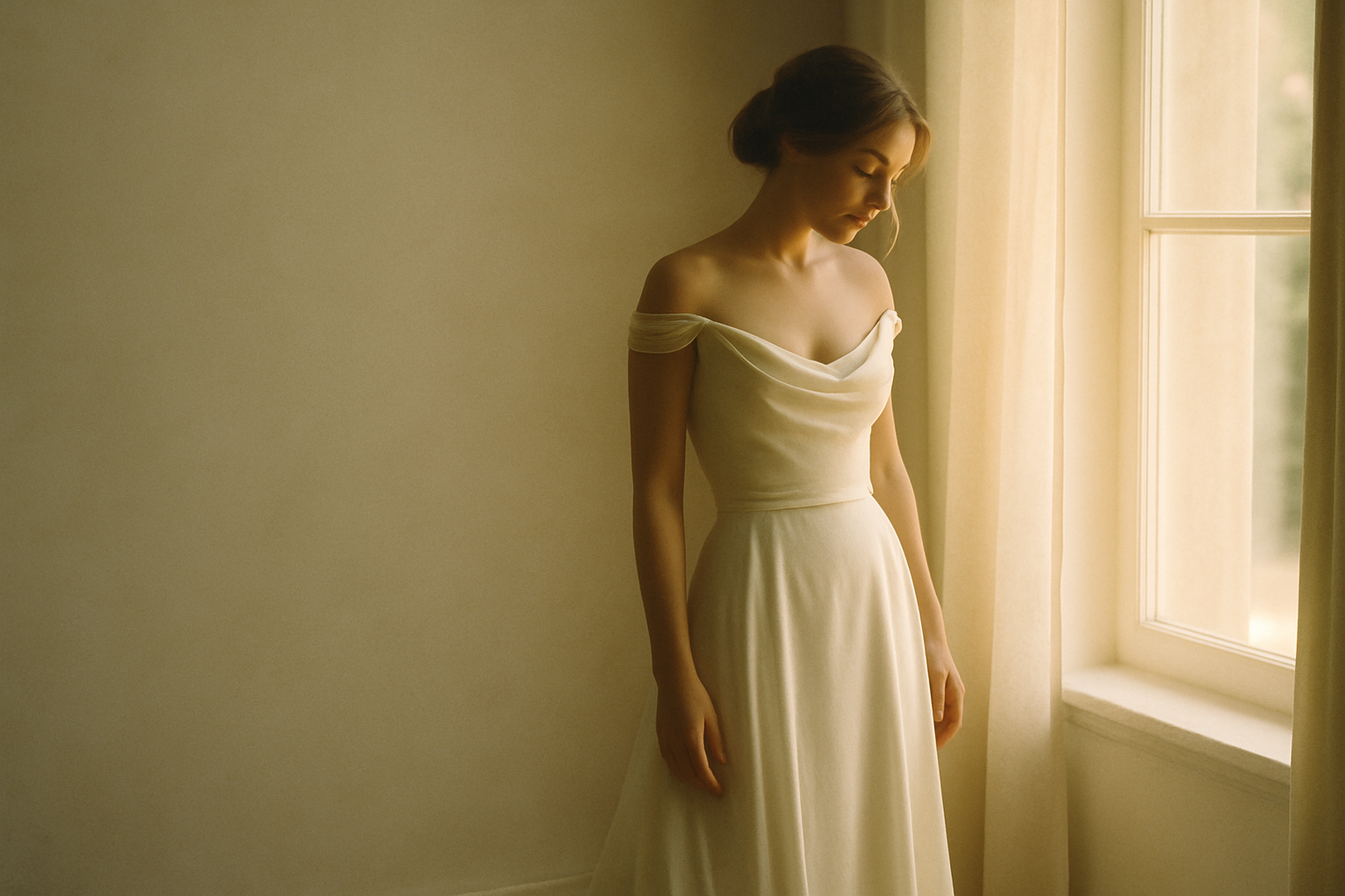 Editorial photograph of a bride in soft natural light