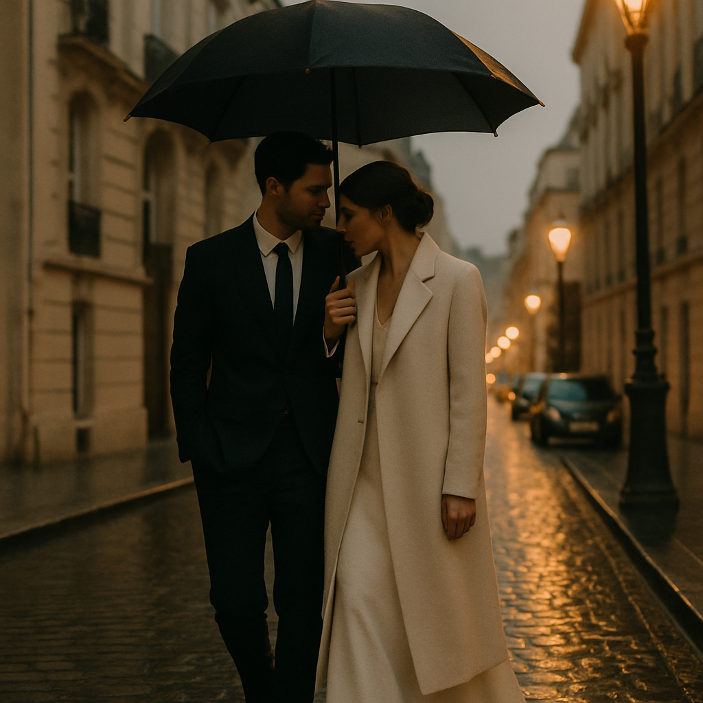 Couple walking under a single umbrella on a wet cobblestone street at dusk