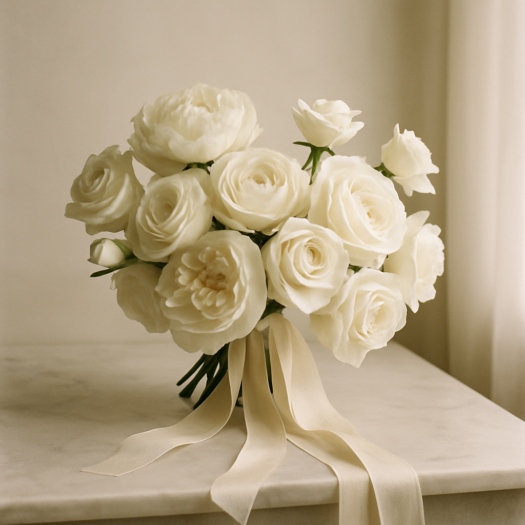 Still life of a bridal bouquet with cream peonies and trailing ribbons on a marble surface