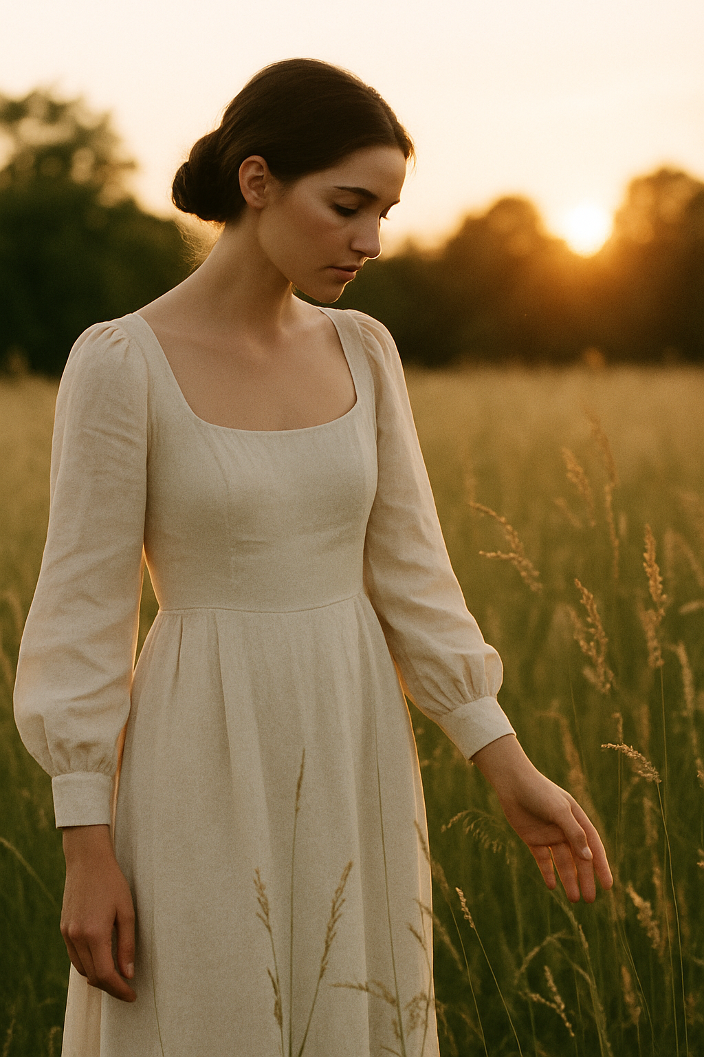 35mm film grain photograph of a woman in a vintage dress standing in tall summer grass