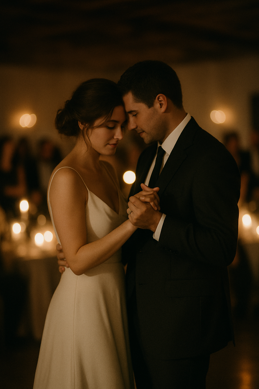 Newlywed couple in candle-lit first dance, surrounded by guests in soft focus