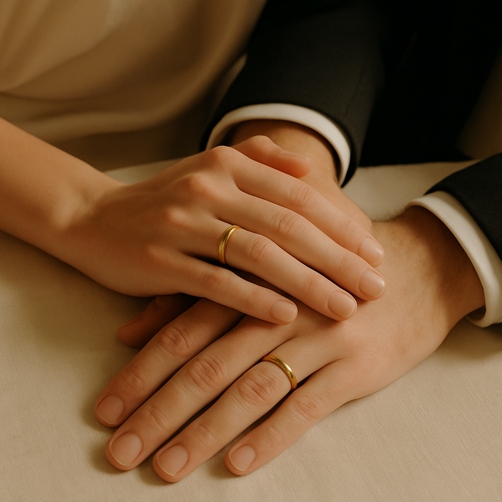 Detail shot of intertwined hands with gold wedding rings on a linen tablecloth