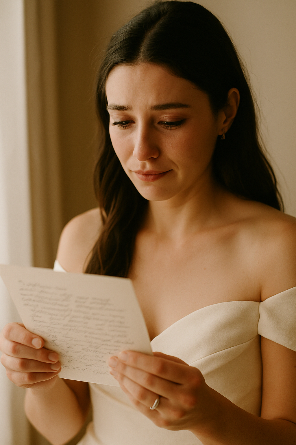 Bride reading a handwritten letter, soft tears in eyes, gentle window light