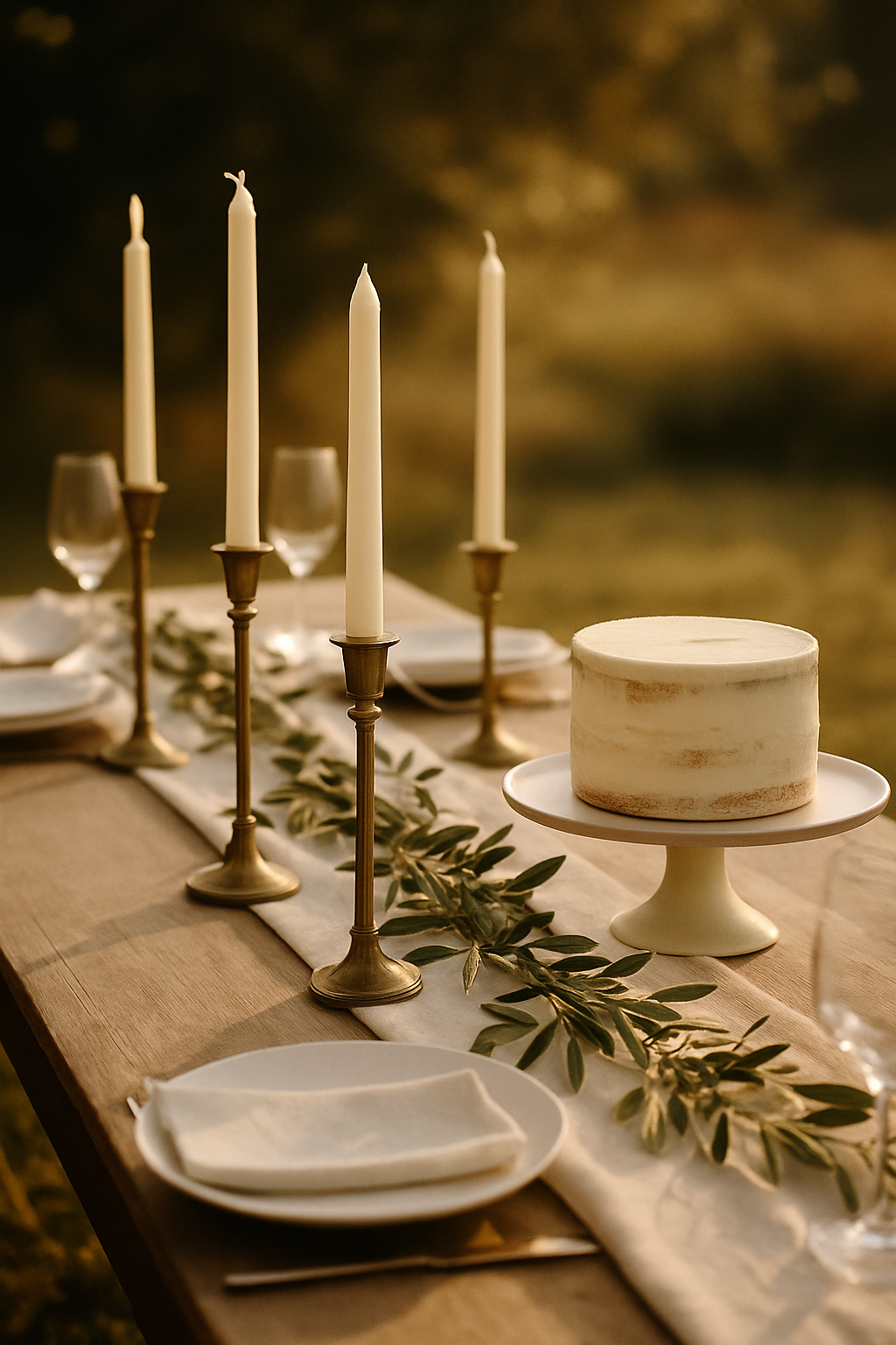 Outdoor reception table with linen runner, taper candles, and a single-tier cake