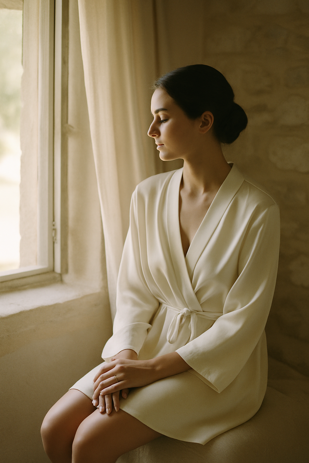 Bride in silk robe sitting by an open window in a quiet morning, soft natural light