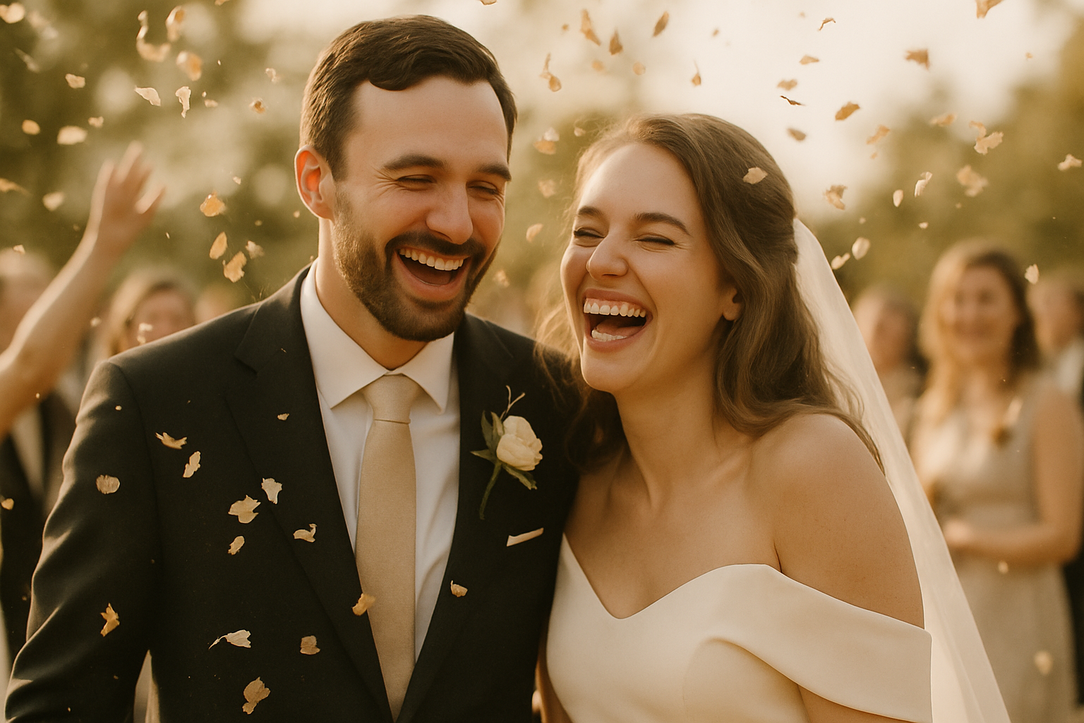 Couple laughing as guests throw dried-flower confetti in soft afternoon sunlight