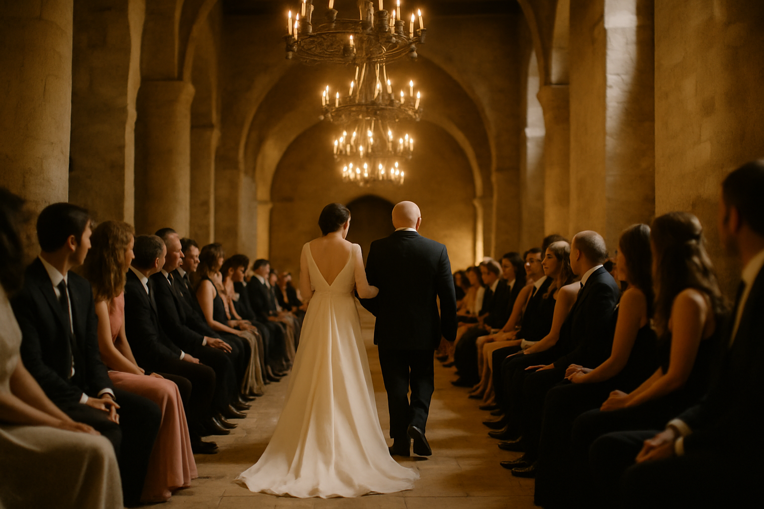 Wedding procession down a stone chapel aisle with overhead chandeliers and warm tones