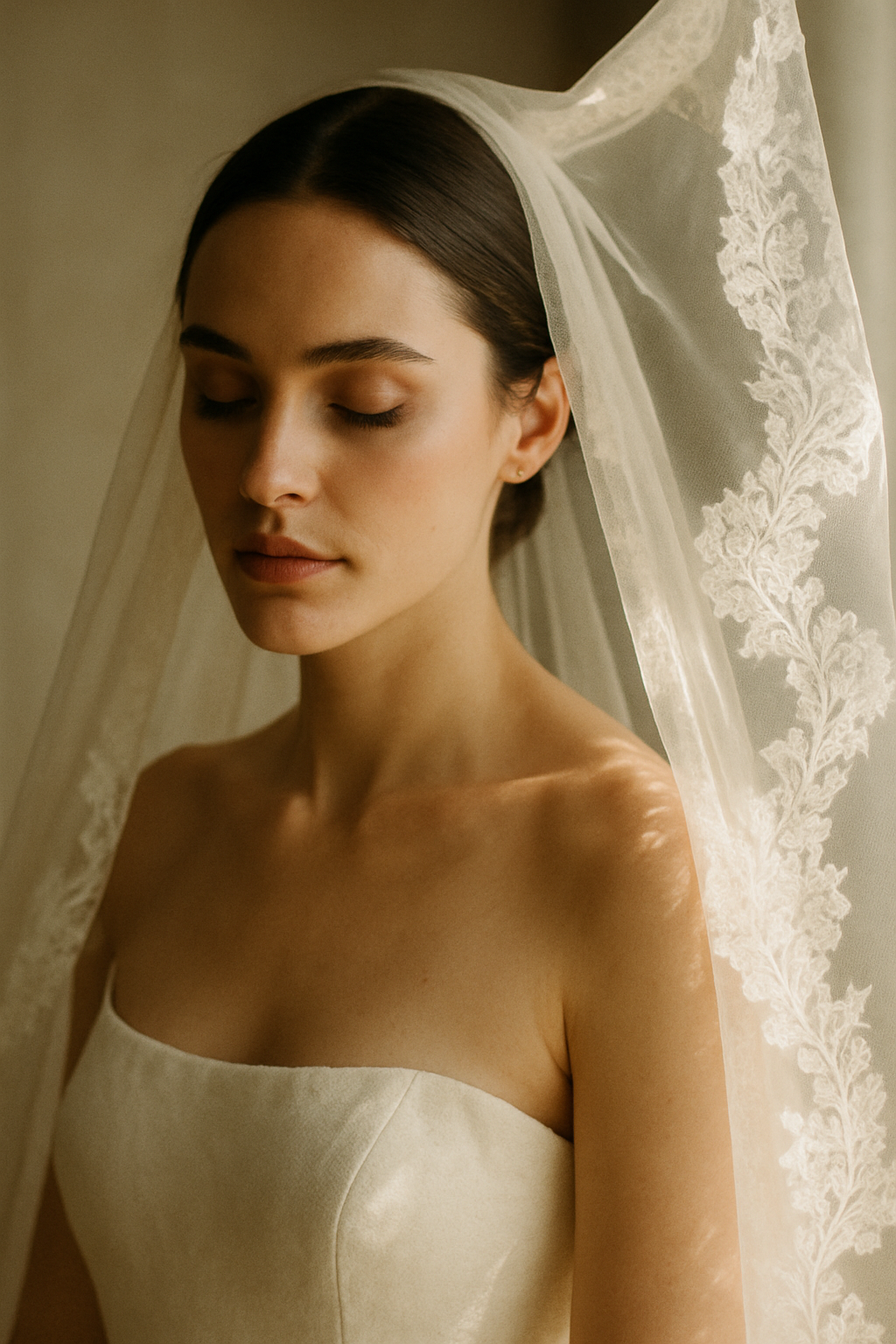 Close-up portrait of a bride with a long lace veil catching window light