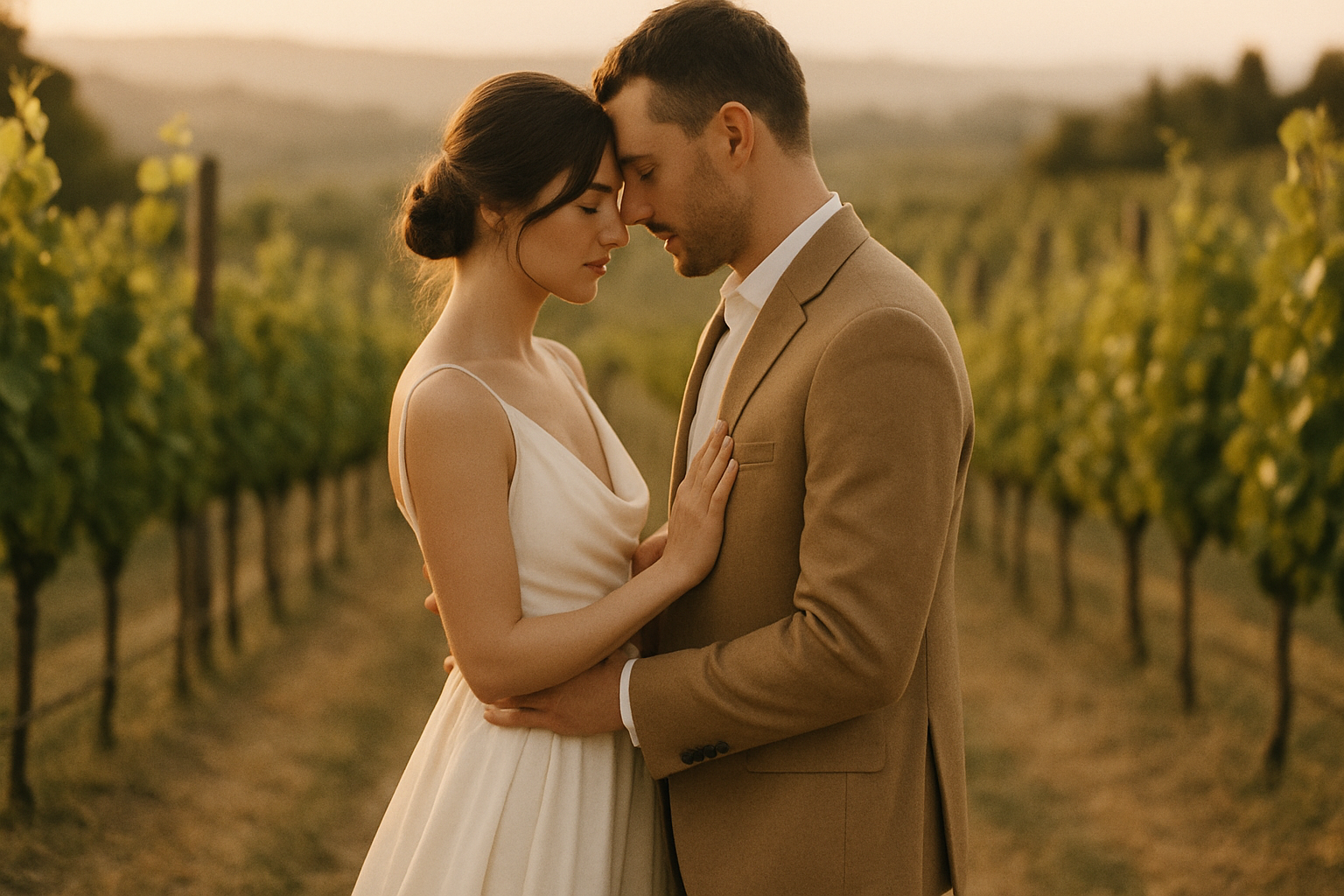 Bride and groom embracing at golden hour in a Tuscan vineyard, soft warm light