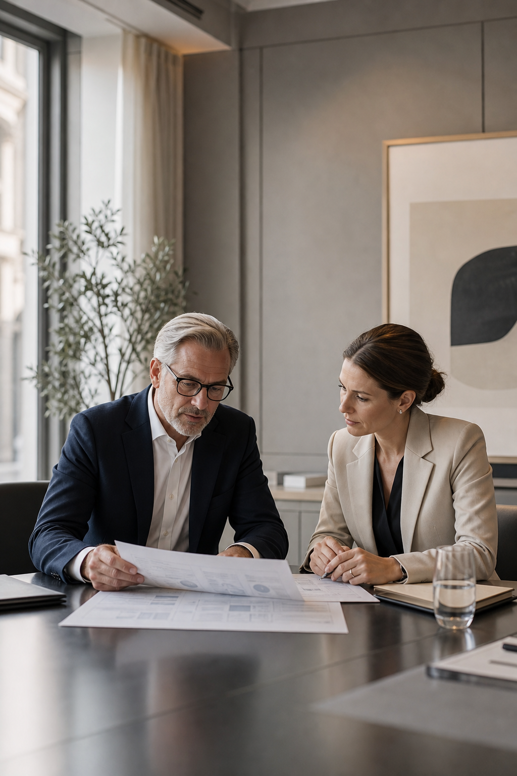 Premium meeting-room setting with legal-sector executives reviewing operational plans, compliance documents, and timeline notes