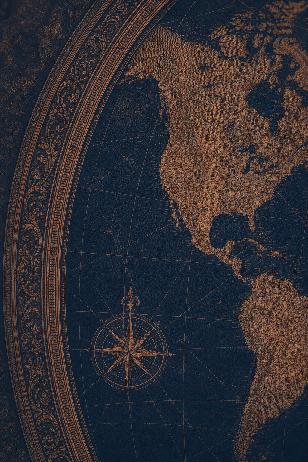 Detailed vintage engraved map crop with compass and border cues for mobile navigation backdrop
