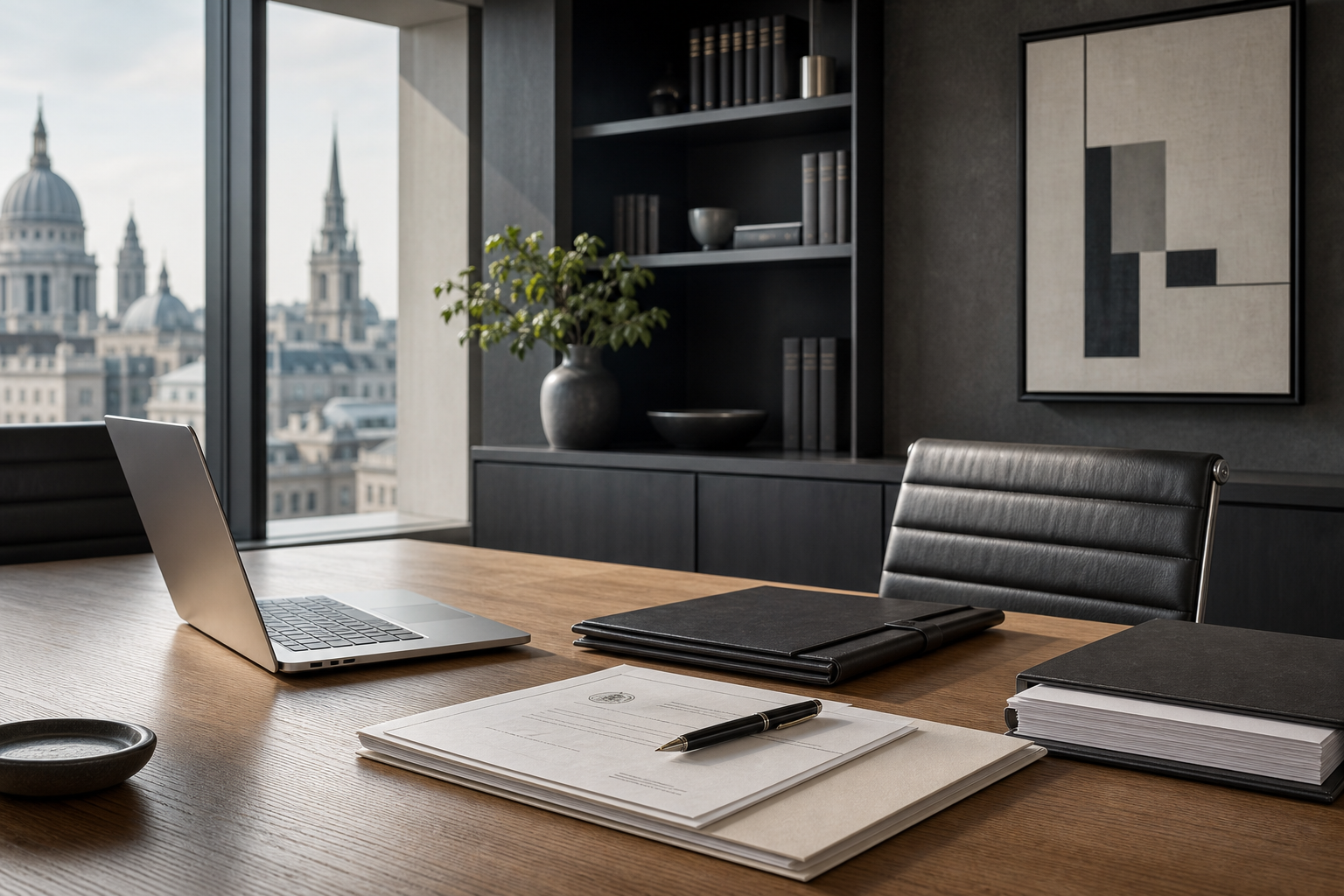 Refined law-firm meeting workspace with strategic planning documents, laptop, and neutral-toned desk details in soft daylight