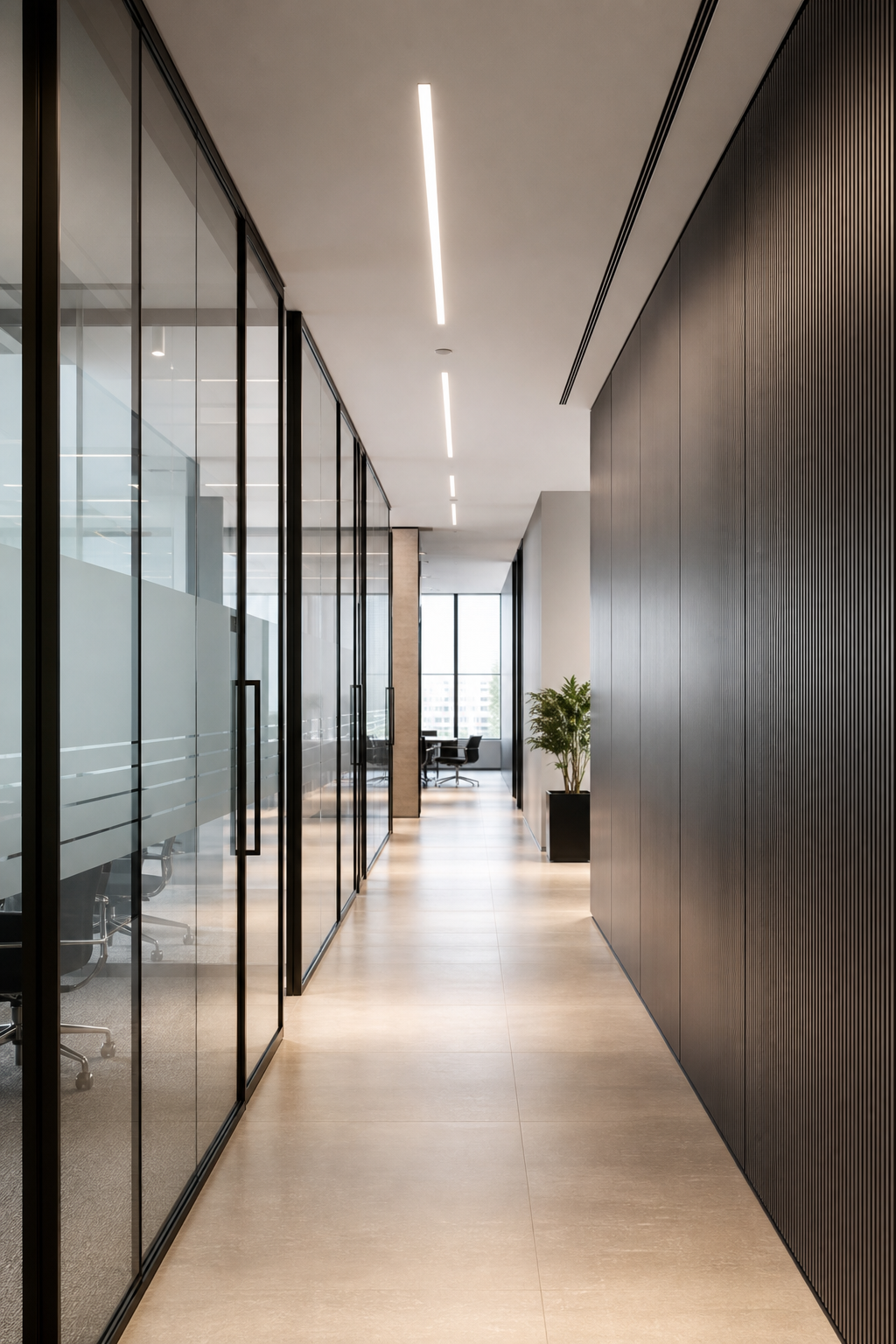 Modern UK office corridor with clean architectural lines, glass partitions, and directional light symbolizing operational clarity